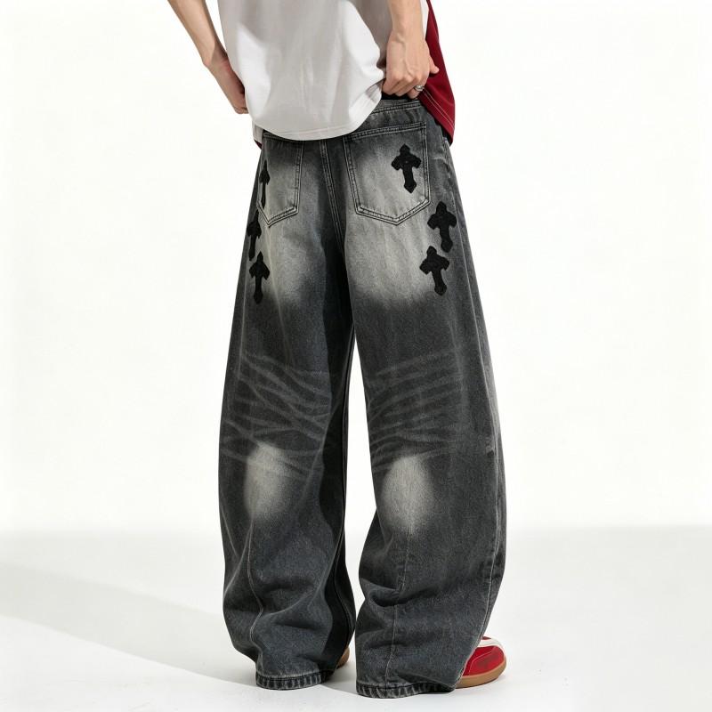 Mens Distressed Wide-Leg Straight Cut Denim Jeans With Gradient Charcoal Wash Raw Edge Holes