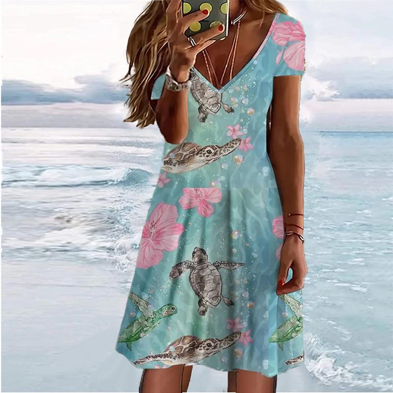 Summer Fashion Women's V Neck Short Sleeve Beautiful Flowers Printed  Dress Sex Short Skirt Dresses