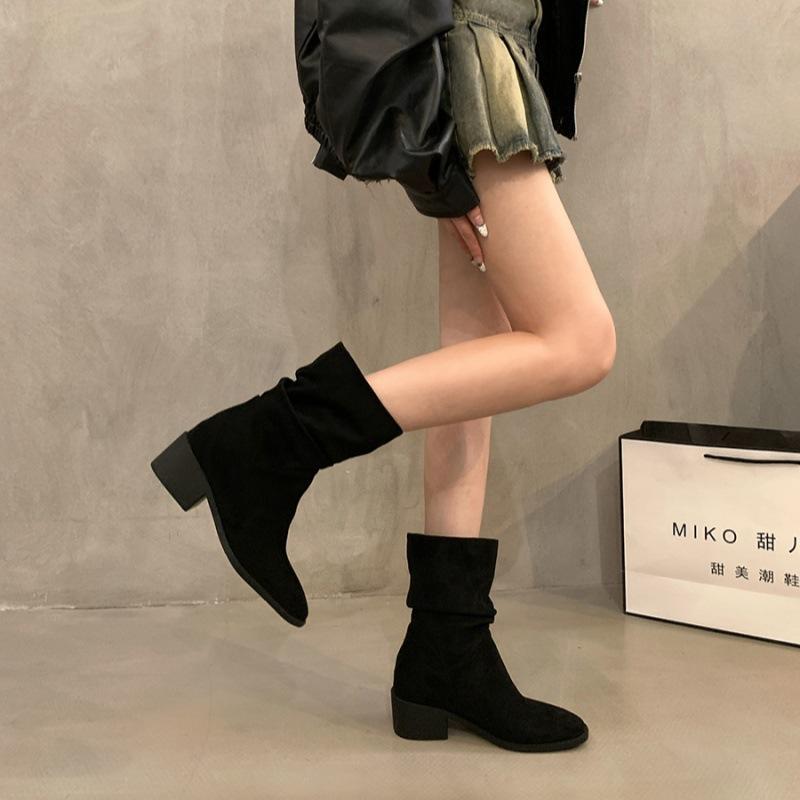 Retro stacking boots women's summer and autumn 2025 new thin khaki Martin boots thick heel photo cowboy short boots women