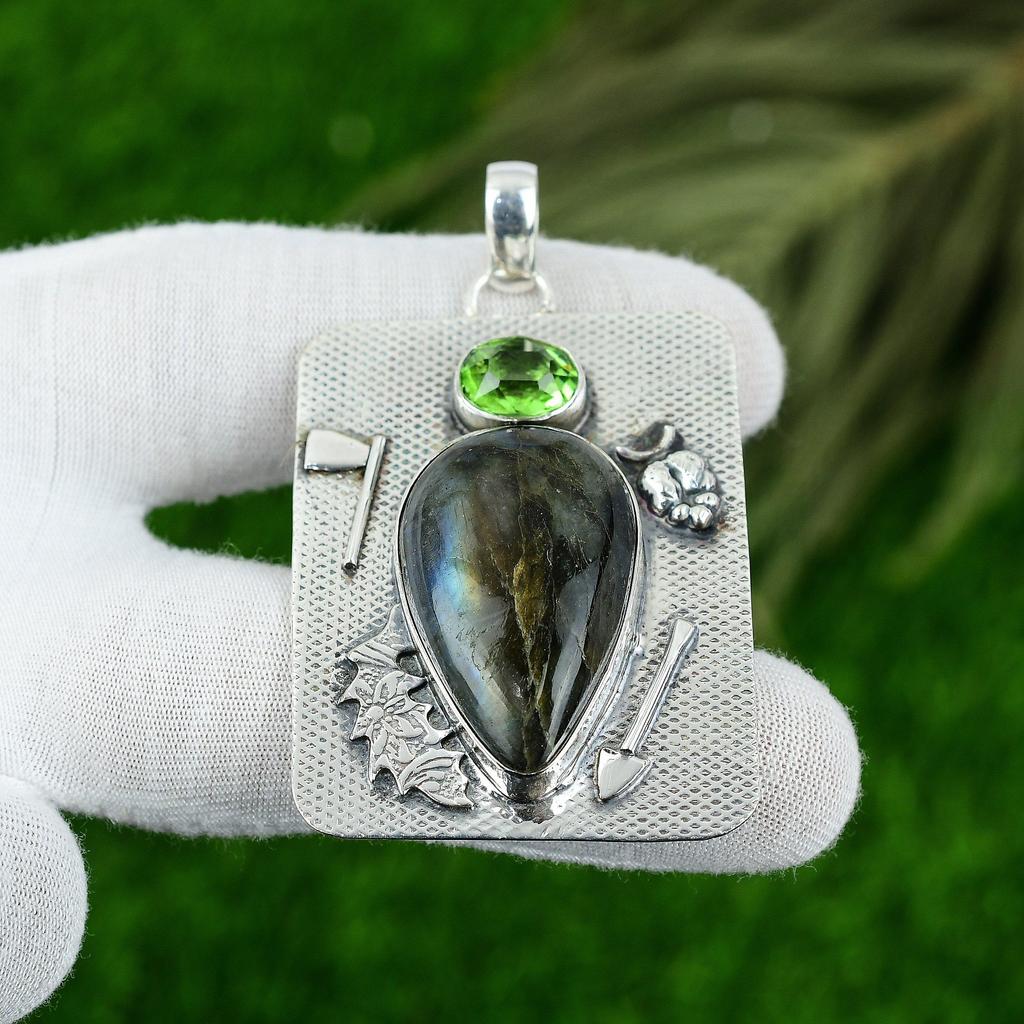 Natürlicher Labradorit Edelstein Anhänger Grau 925 Sterling Silber Indischer Schmuck