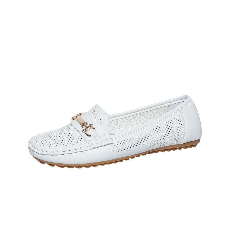 Fashion metal buckle autumn new solid color breathable light mouth round head large size women's single shoes