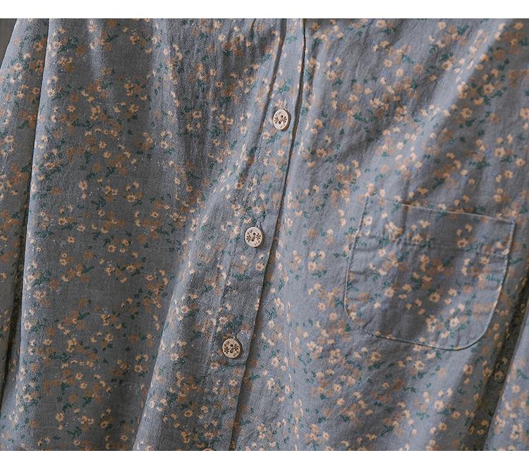 Women's Small Floral Cotton Linen Long Sleeve Shirt - Artistic Casual Spring/Autumn Outerwear