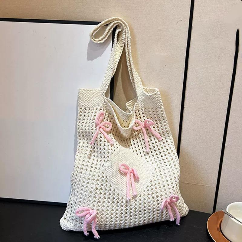 

Preppy Style Crochet Tote Bag with Butterfly Accents, Solid Color Polyester Shoulder Bag, Foldable Fashi Beach Bag
