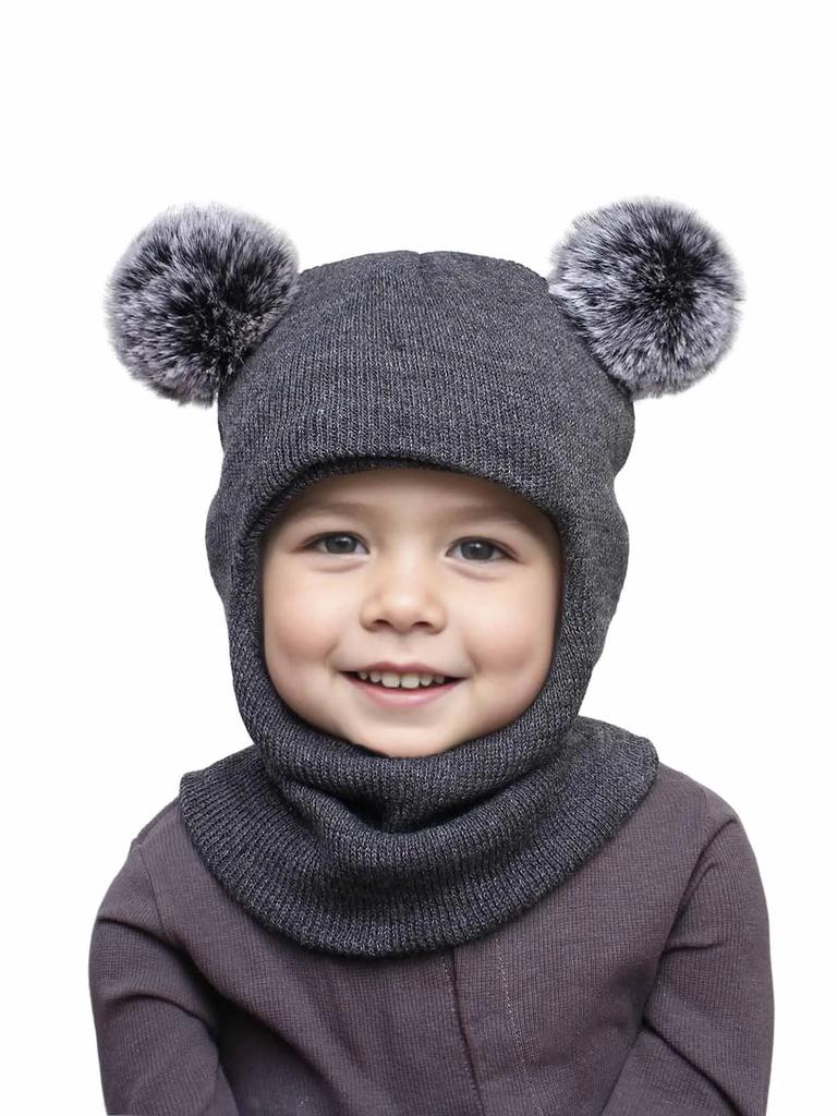 3-12Y autumn and winter double-ball pullover cap, children's double-ball ear-protecting one-piece cap, solid-color cute woolen o