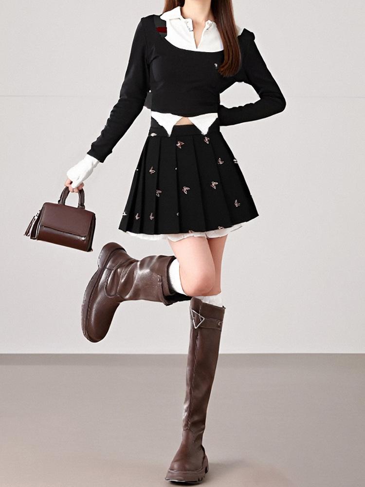 2026 Spring Women's High-Waist Sweet Butterfly Embroidery Pleated Short Skirt