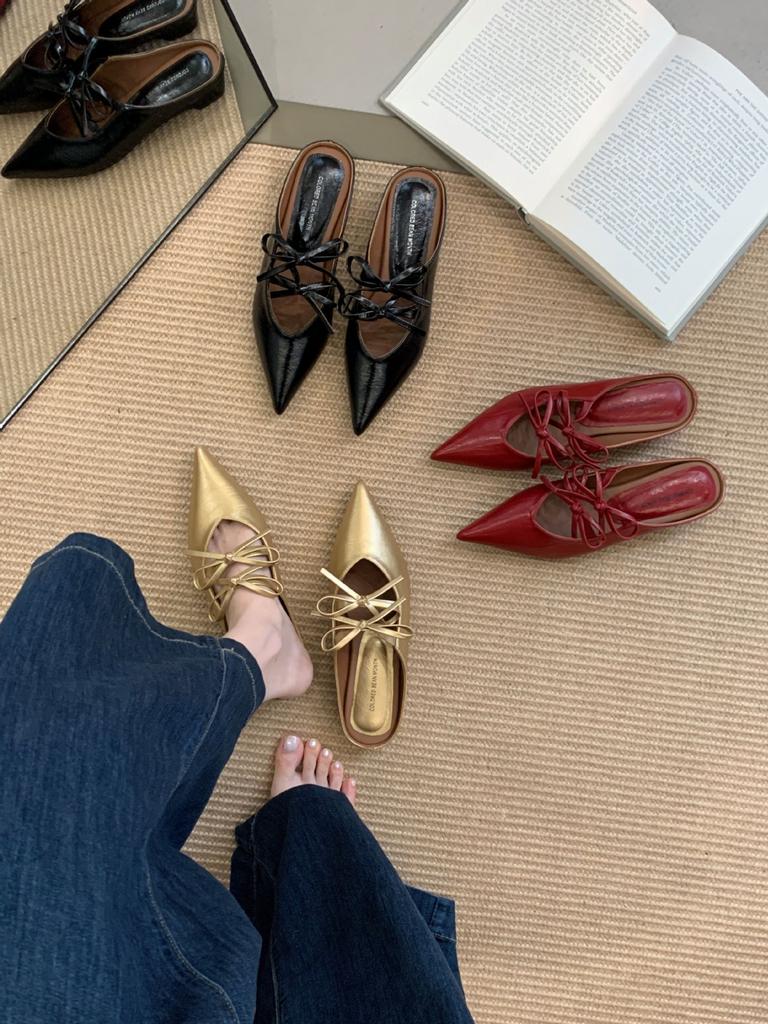 2025 New Pointed Bow Bag Head Half Drag Women Wear Versatile Flat French Lazy Muller Shoes Women