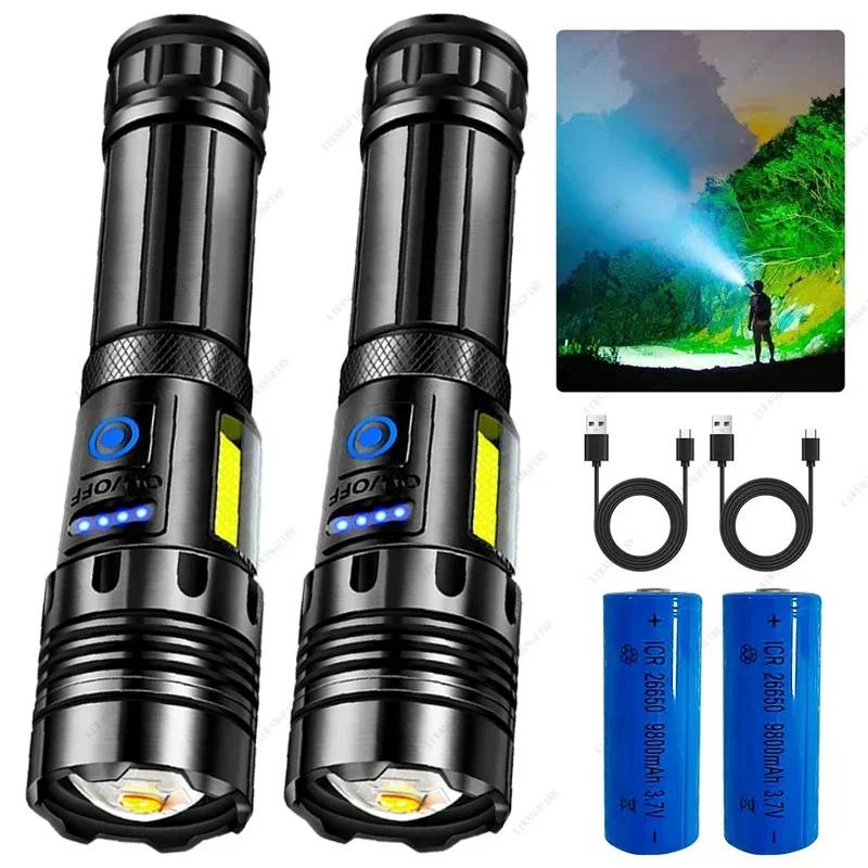 High Brightness XHP70 Powerful Led Flashlight Power Bank Torch Light USB Rechargeable Camping Tactical Flashlight with COB Lamp