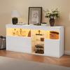 155,5*35*72 cm Mobile Soggiorno, Mobile Alto Lucido con LED, Credenza con 3 Ante a Battente 3 Partizioni in Vetro, Ampie Nicchie Senza Maniglie, Bianco