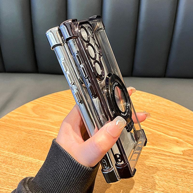 Luxury Plating Transparent Case For Samsung S25 Ultra S24 Plus S23 S22 S21 S20 FE For Magsafe Glitter Magnetic Stand Phone Cover