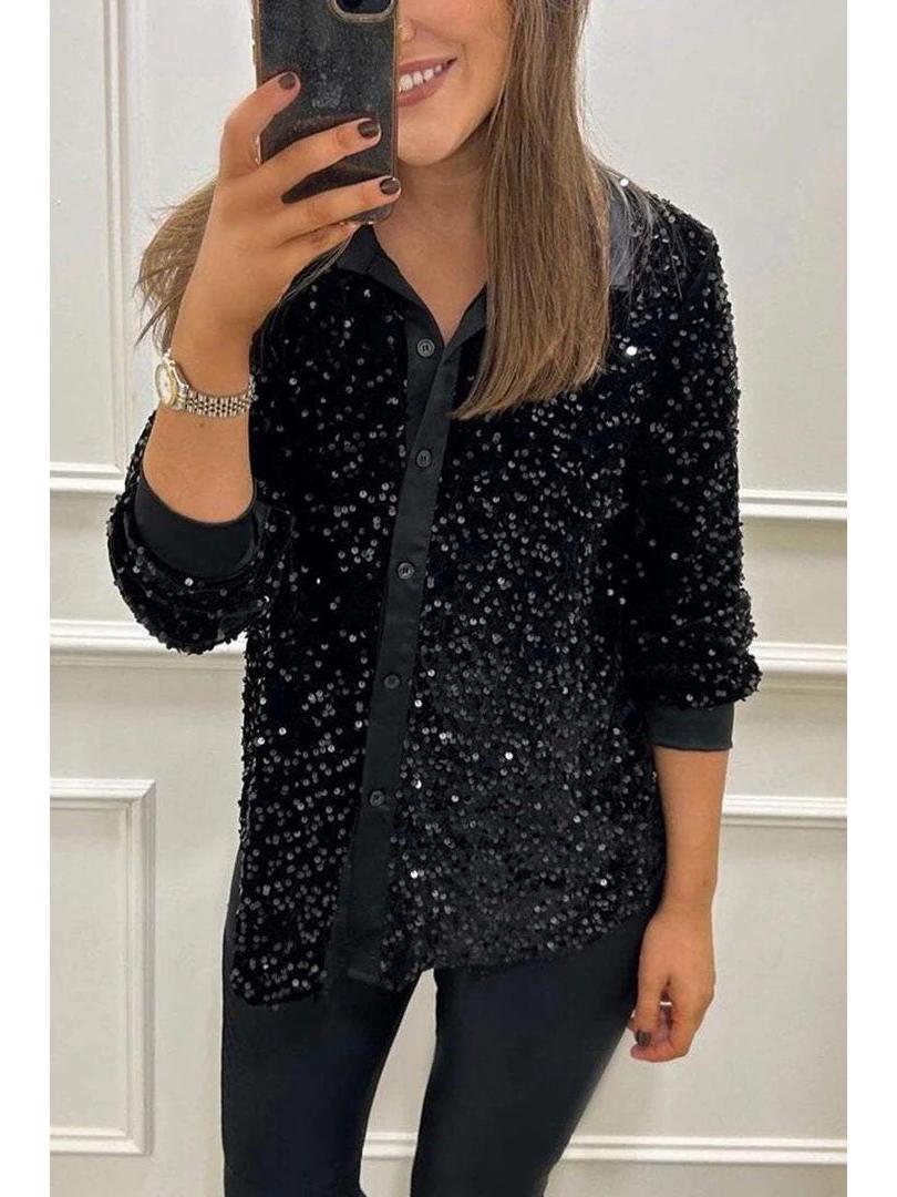 2026 Autumn/Winter Women s Fashion Long Sleeve Loose Casual Sequin Shirt S
