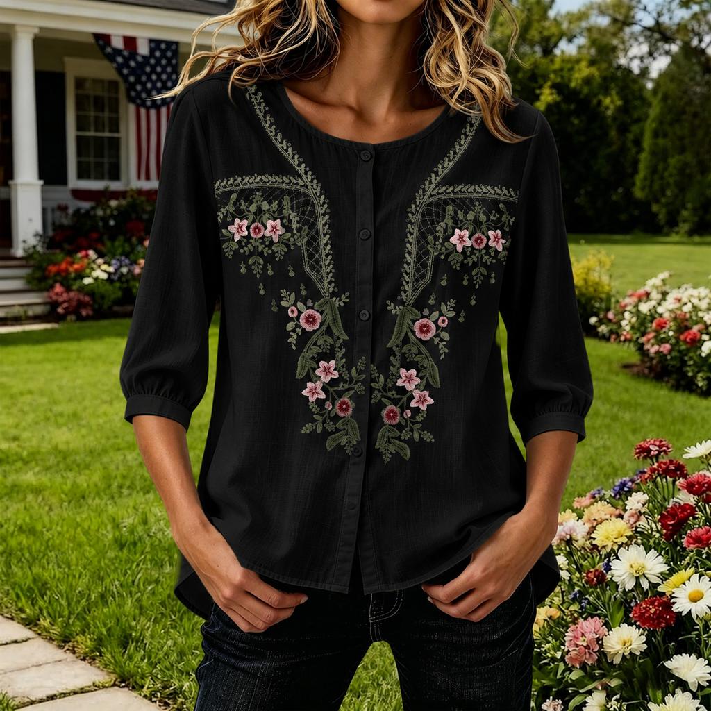 Women's Artistic Loose Fit Embroidered Mid Sleeve Blouse for Tea and Daily Wear