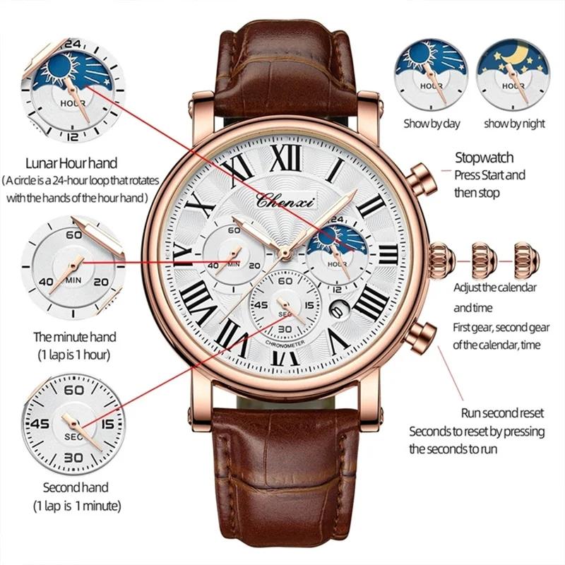 CHENXI 973 Men's Wristwatch Multi-functional Business Watch Moon Phase Date Waterproof Rome Dial Leather Quartz Watches for Man