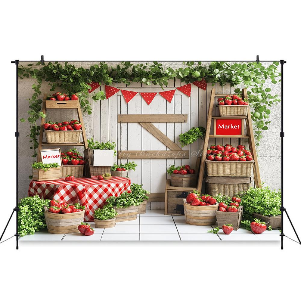 Rural Barn Door Strawberry Themed Birthday Party Background, Children's Birthday Party Decoration Photography Studio Background