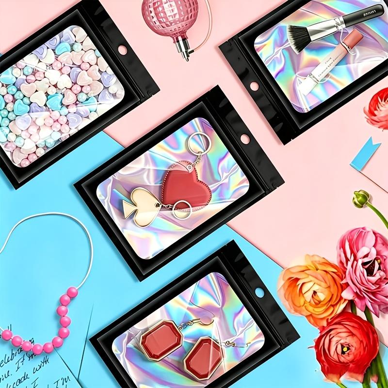 90PCS Black Holographic Odorless Polyester Zipper Bags, Transparent Reusable Sealed Aluminum Foil Bags, Suitable for Lip Gloss, Jewelry, Eyelashes