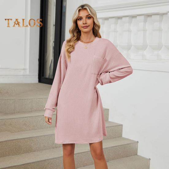 Herbst Frühling Kleid Faden Einfarbig Lose Brust Tasche Lange Ärmel O Hals Pullover Knie Länge Pendeln Dating Midi Kleid
