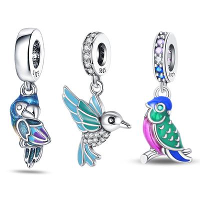 925 Silver Parrot Bird Charms Beads for Women DIY Bracelet Necklace Fine Jewelry Gift 3mm New In
