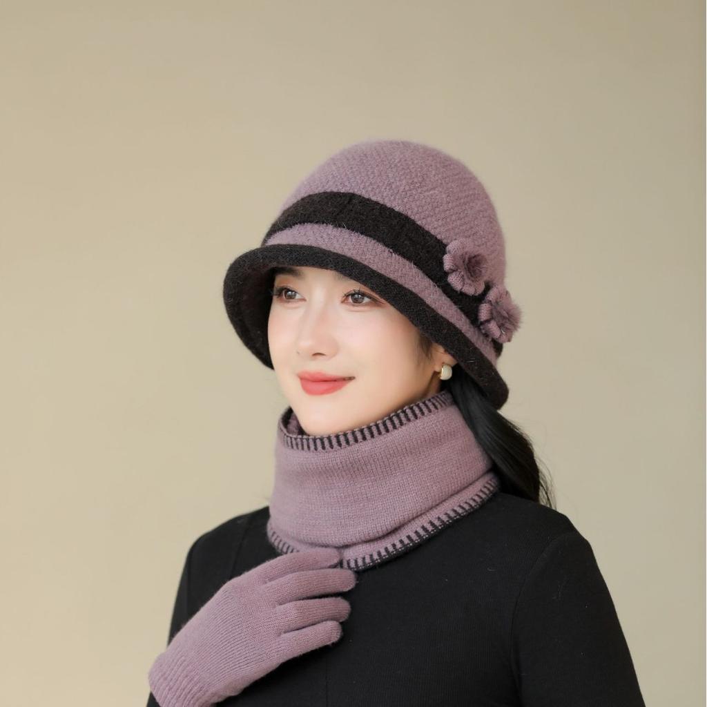 Hat Women Autumn and Winter Woolen Hat Mother Hat Outdoor Bike Protection Ear Warm Old Lady Knit Hat