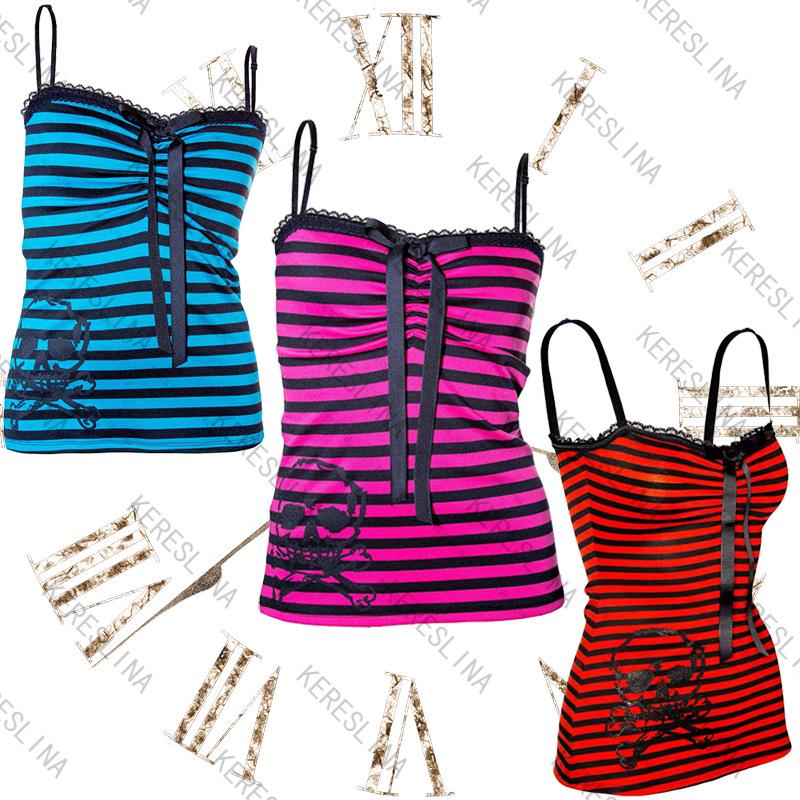 2026 Cross-Border Sexy Lace Skull Bow Striped Slim-Fit Tank Top