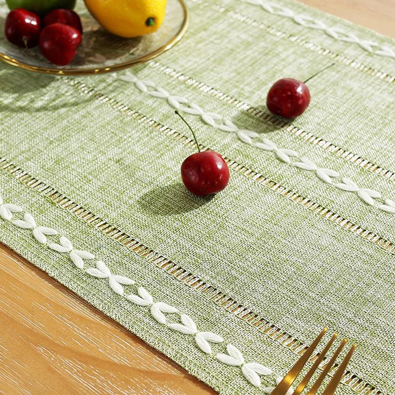 Green Table Runners Boho Rustic Tassels Farmhouse Braided Striped Cotton Linen for Dining Party Holiday Wedding Table Decoration