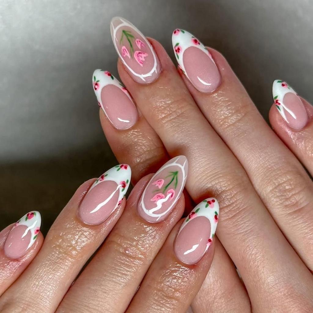 24 Pcs French Tip Press On Nail Almond Shape False Nail Elegant Flowers Acrylic Nail Glossy Full Cover Stick On Nail