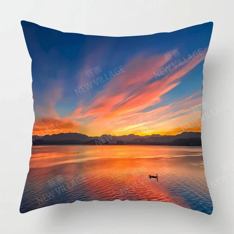 Sunset & Palm Tree Beach Pattern Double-Sided Printed Pillow Cover Short Plush Suitable Living Rooms Sofas Throw Cushion Cover