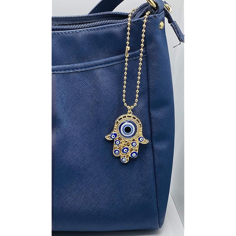 LUCKBOOSTIUM Hamsa Hand Amulet Pendant w/Crystal Rhinestones - Blue, White  Black Evil Eye Car Hanging Ornament - Rear
