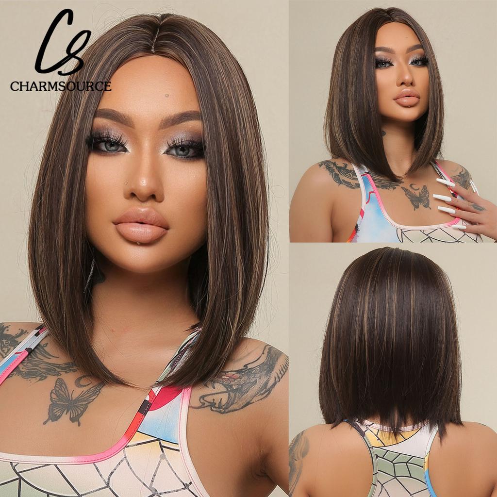 Short Synthetic Wigs Dark Brown Natural Wig with Side Bangs for Women Cosplay Daily Party Pixie Cut Wigs High Temperature Fibre