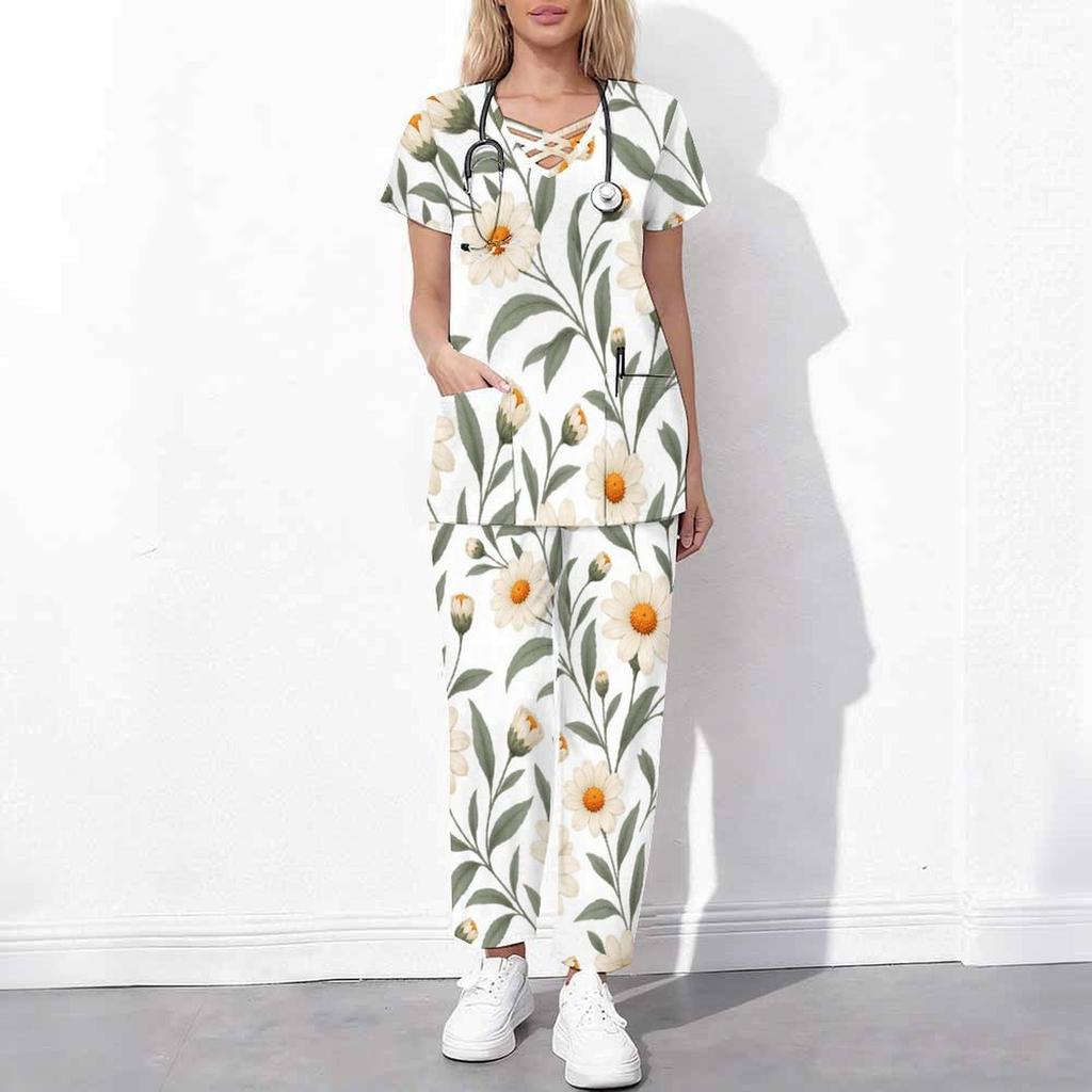 Women Plus Size Cutout Neck Short Sleeve Ginkgo Leaf Printed Scrub Set White Green Pocket Top Long Pants Two Piece