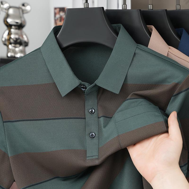 Middle Aged Men Short Sleeve Striped Polo Shirt Summer Casual Top