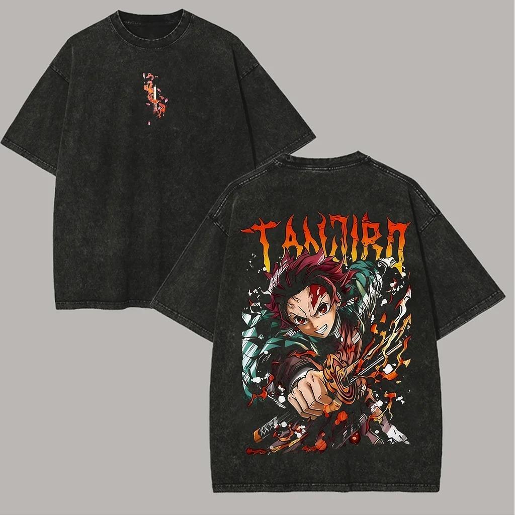  Manga Demon Slayer Tanjirou Graphic T-shirt Vintage Washed Oversized T Shirt Men Women Clothing Summer Cotton Short Sleeve Tees Female Male Clothing 