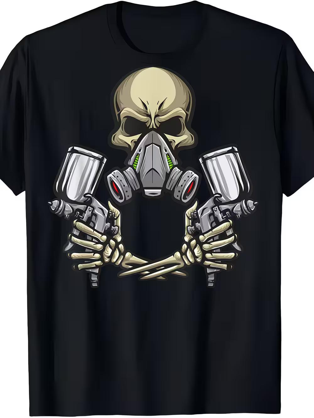 

Men s Black Skull Spray Gun Graphic T-Shirt- Soft Crew Neck Casual Style XL