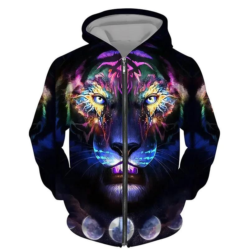 Tiger 3D Print Zip-Up Hoodie Youth Casual Loose Fit Winter Sweatshirt