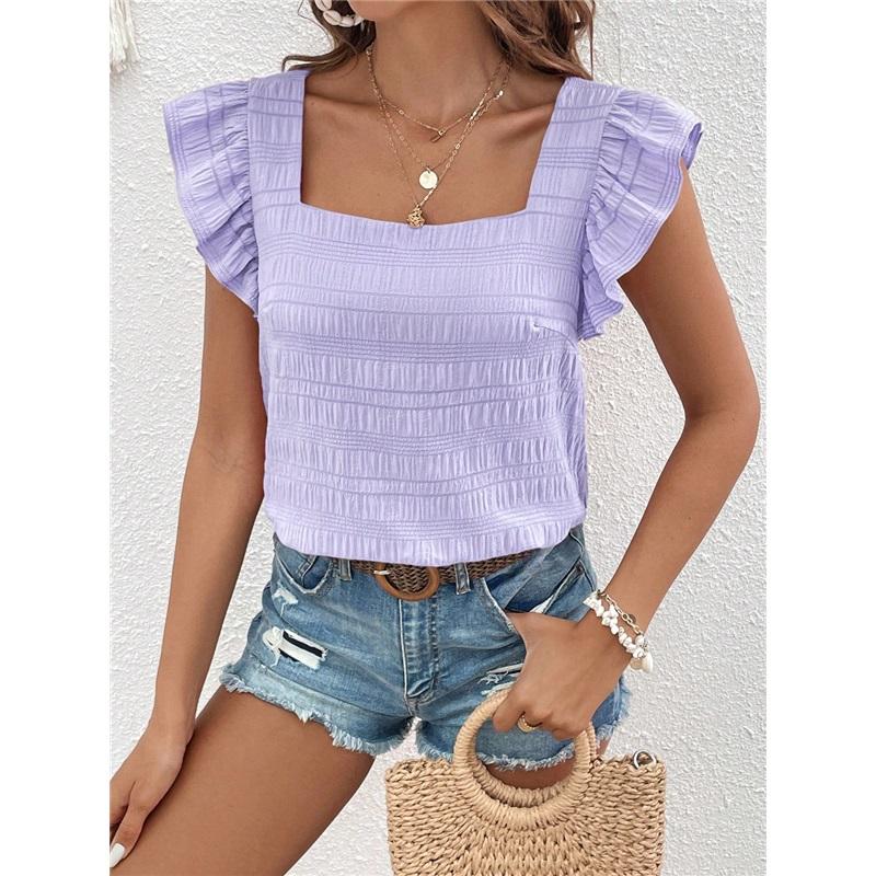   Women's Square Neck Ruffle Sleeve Crop Top Textured Casual Summer Tops