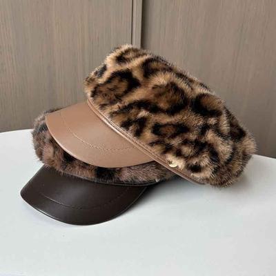 Retro Leopard Print Plush Newsboy Hat Women Autumn And Winter Big Head Circumference Showing Face Small Peaked Hat Warm Octagonal Hat