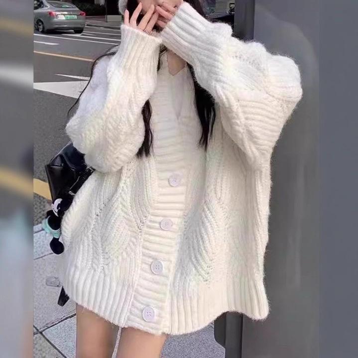 Korean Style V-Neck Retro Cable Knit Cardigan - Soft, Cozy Brown Sweater for Spring & Autumn