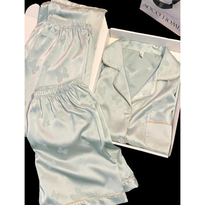 

Three-piece set, cool jacquard ice silk pajamas women s singles summer short-sleeved shorts trousers large-size loungewear XXL