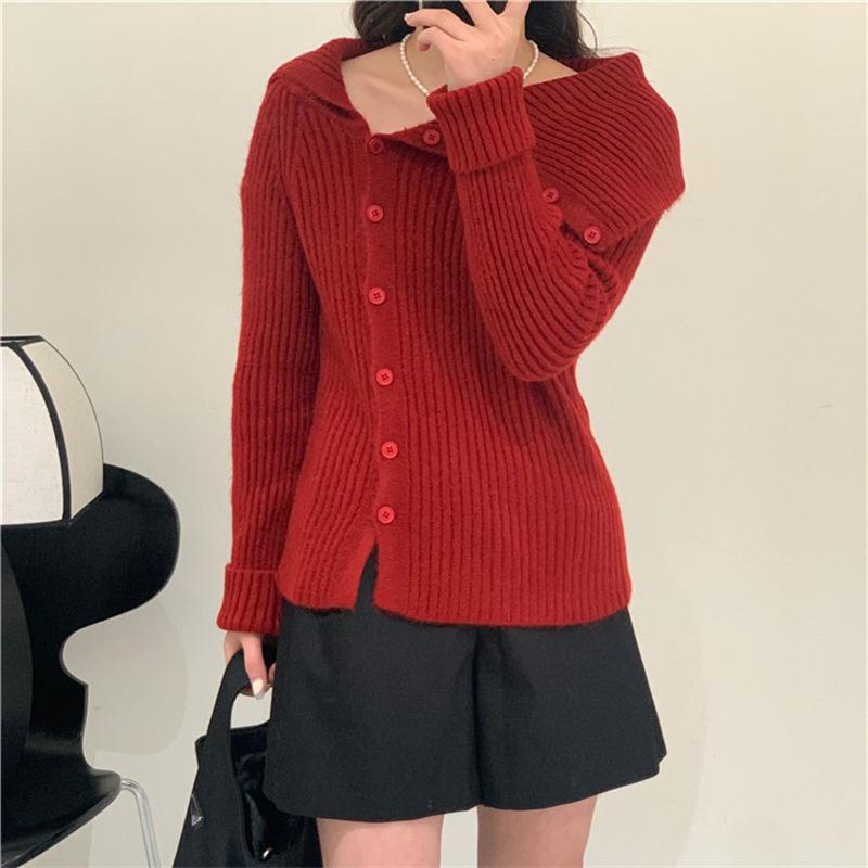 Autumn new irregular niche sweater women's coat slim-fitting lapel niche thin knitted cardigan women