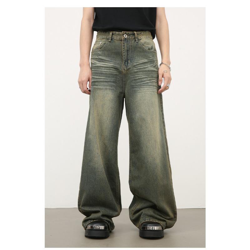 Long Trousers Vintage Green Washed Jeans Men's Sagging Loose Straight Wide-leg Pants Straight Loose Jeans for Men Fashionable and Comfortable Pants