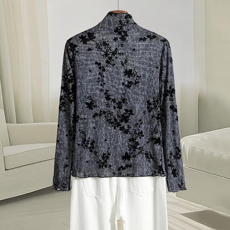 Women s Flocking Jacquard Semi-High Collar Long Sleeve Top One Size