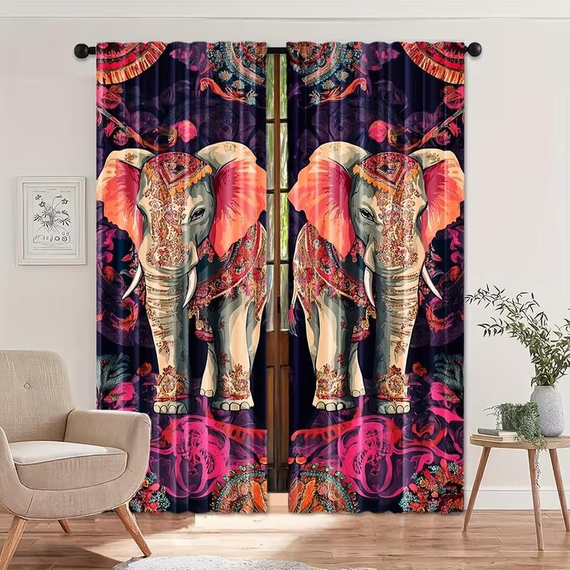 2 Pcs Retro elephant print curtains,suitable for bedroom,living room kitchen decoration,home decoration,window decoration