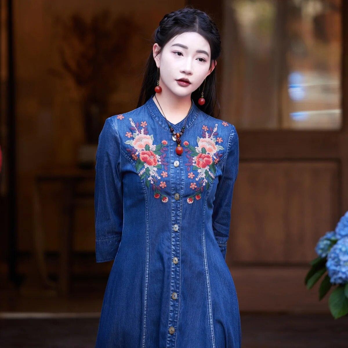 

Johnature женское весеннее хлопковое однобортное платье с круглым вырезом и половиной рукавов, винтажное повседневное платье с вышивкой в ​​китайском стиле XXL синий