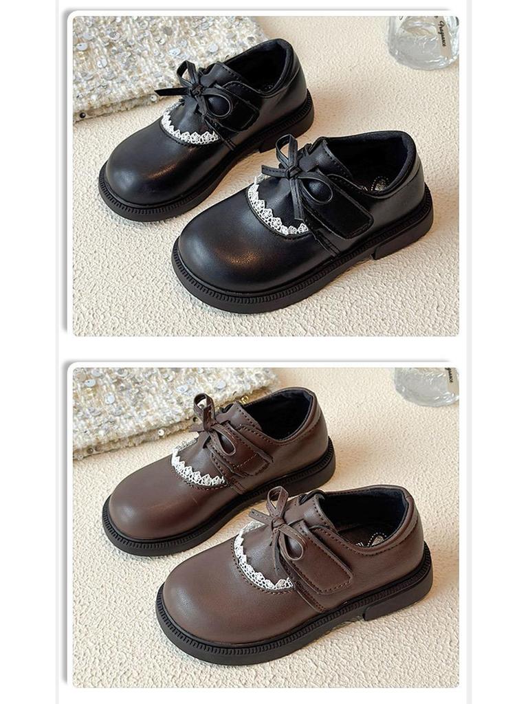 Sapatos de Princesa com Laço de Couro para Meninas com Sola Macia e Acabamento em Renda para Primavera e Outono