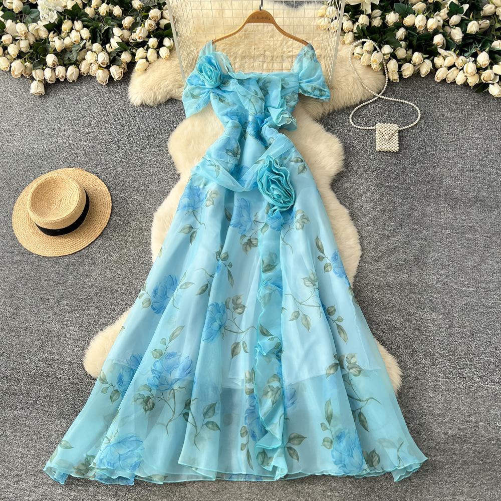 French temperament advanced sense three-dimensional flower waist ruffle edge mesh dress femininity elegant dress long dress
