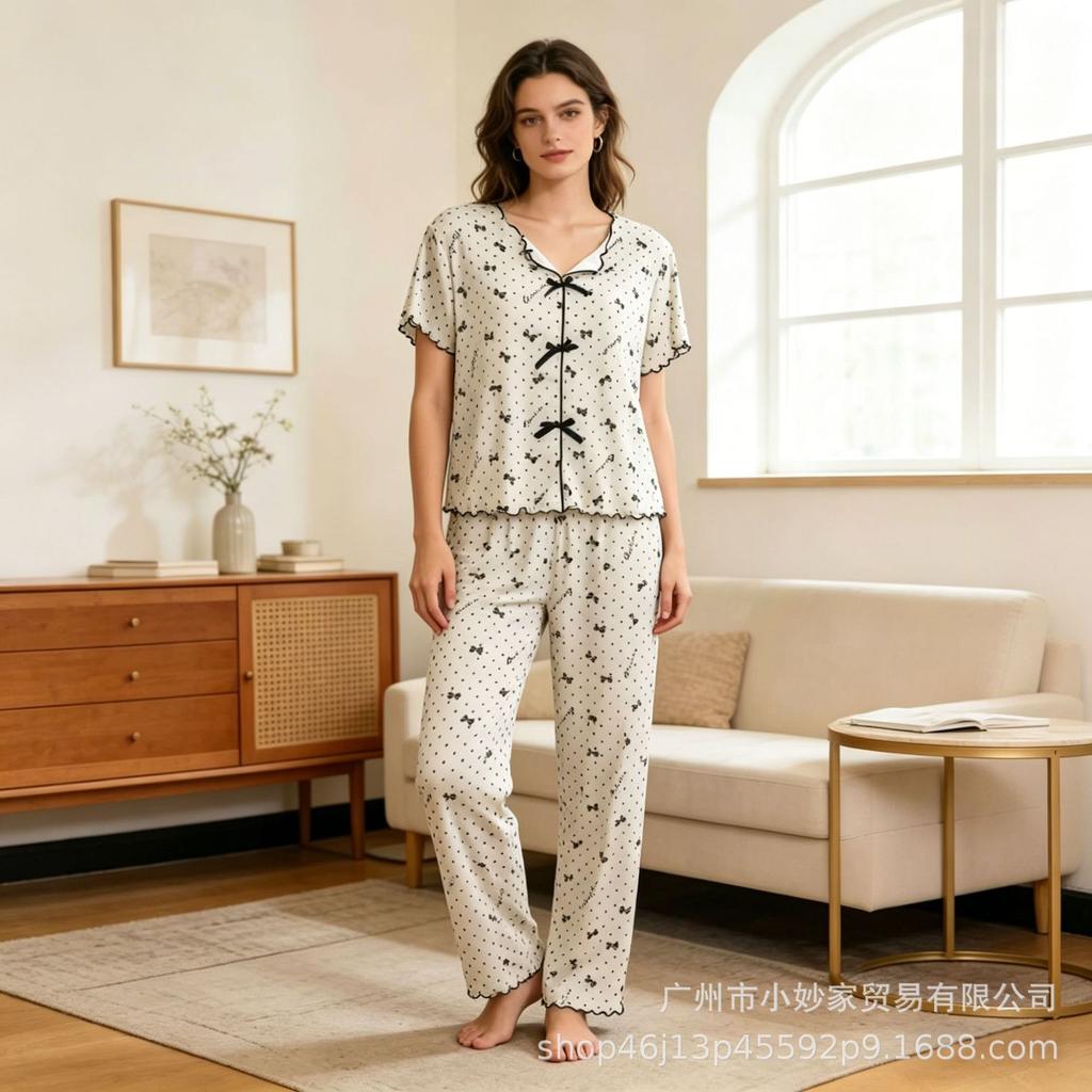 Pajamas Crimped Print Pink Short-sleeved Trousers Set Threaded Casual Sweet Loungewear