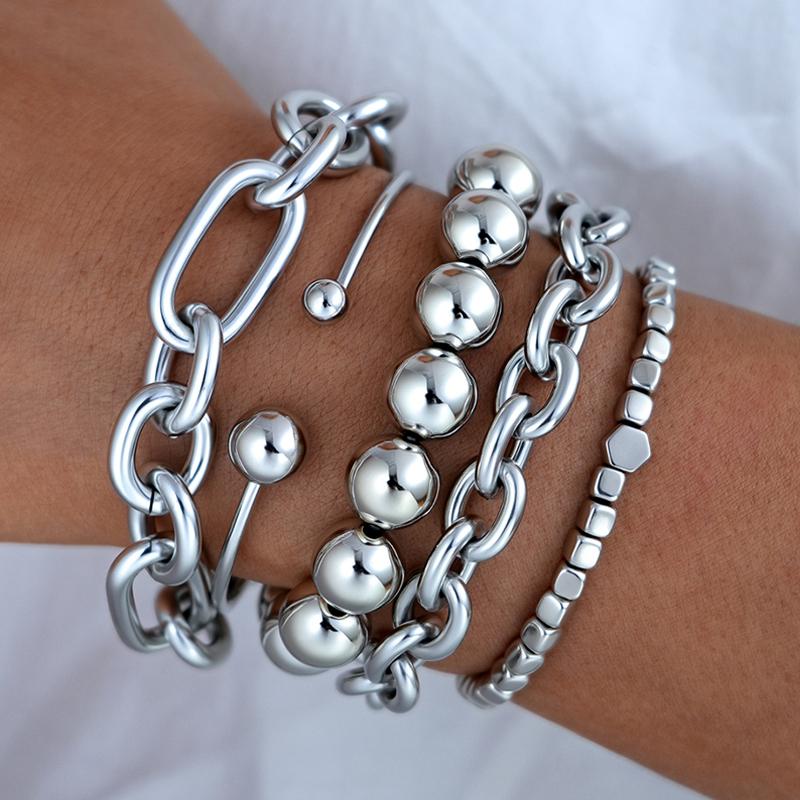 5pcs Simple Punk Silver Color Thick Beads Bracelet Set Vintage Exaggerated Luxury Geometric Design Bangles Vacation Date Jewelry