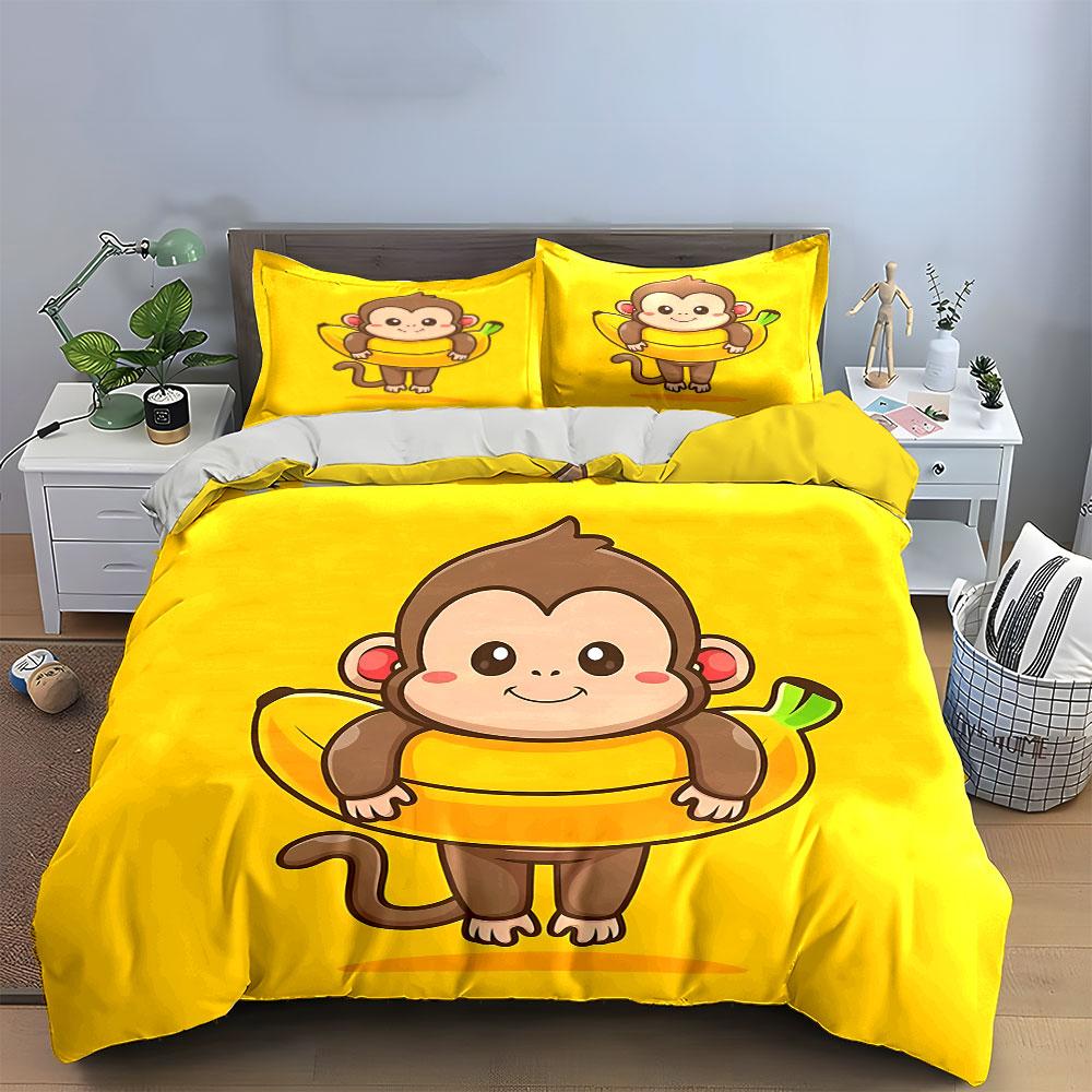Cartoon Monkey Decor Set Bedding Set with 1 Duvet Cover 2 Pillowcases Single Double King Queen Gift