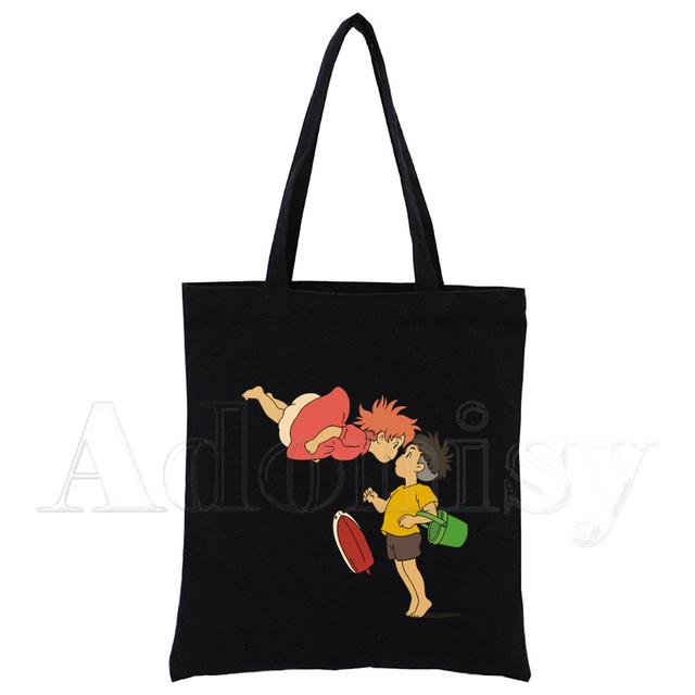 Ponyo Canvas Negru Geantă pentru cumpărături Geantă reutilizabilă din pânză de umăr Geantă de carte Cadou