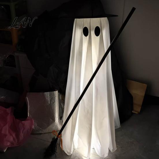 Yard Ghost Ornament Halloween Light-Up Decoration, Spooky Witch Hat with LED Decorative Wizard Light, Broom Decor for Outdoor Lawn Porch Holiday Party