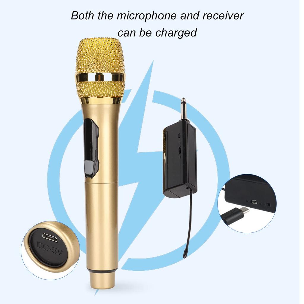 ASHATA Wireless Handheld Microphone 1-to-1 Outdoor Audio TV Karaoke Conference Performance Home KTV Party Gold