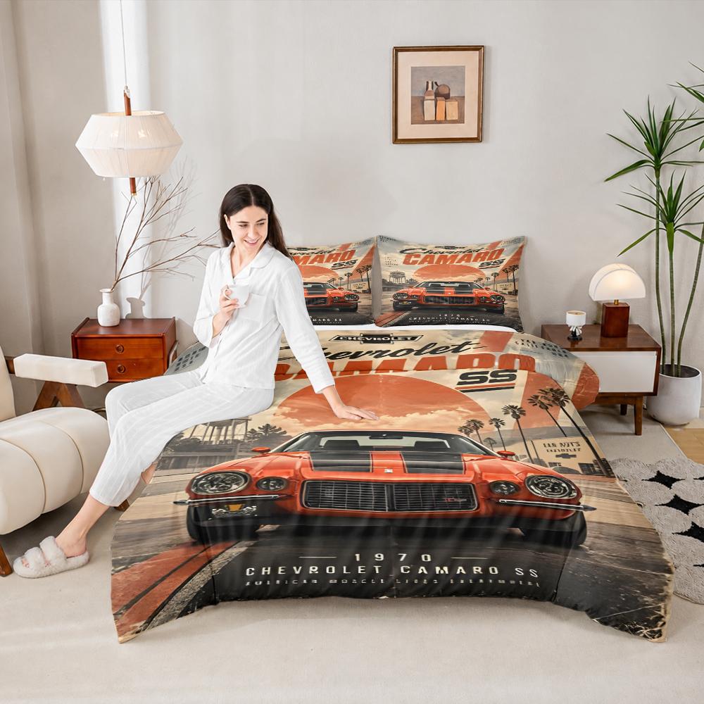 1970 Chevrolet Camaro SS Vintage Duvet Cover Set with 2 Pillowcases for Kids Room Bedding